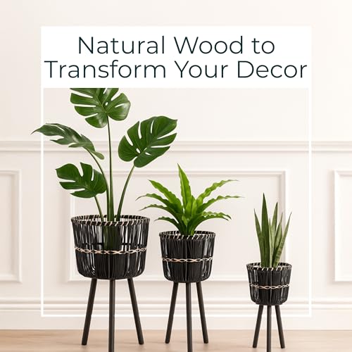 Set of 3 Woven Basket Decorative Planter Pot – Bamboo & Pine Wood Outdoor & Indoor Plant Pot – Modern Boho Garden and Home Decor Planters – 19", 23", & 26", Black - color: Woven Black/Natural, size: 26" H