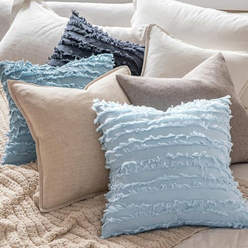 MIULEE Set of 2 Decorative Boho Throw Pillow Covers Linen Striped Jacquard Pattern Summer Cushion Covers for Sofa Couch Living Room Bedroom 16x16 Inch Light Blue - color: Light Blue, size: 16" x 16" (Pack of 2)