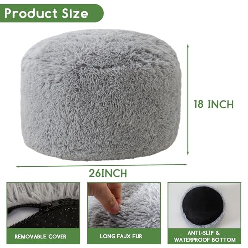 HIGOGOGO Round Stuffed Pouf Ottoman, Long Faux Fur Poufs with Foam Chunk Filling, Fluffy and Furry Pouf Foot Stool Storage Ottoman, 26 X 18 Floor Poufs Foot Rest for Living Room, Light Grey - color: Grey, size: 26INCH