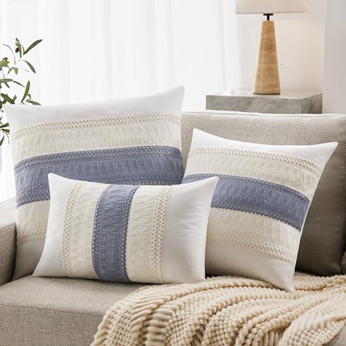Soft Cotton Boho Throw Pillow Covers Set of 2, Natural White/Contrast Blue 18x18 Inch, Blue Farmhouse Decorative Cushion Covers for Sofa Bed Living Room Home Decor - color: Natural White/Contrast/Blue, size: 18" x 18" (Pack of 2)