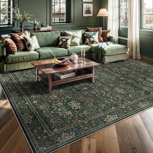 8x10 Floral Washable Area Rug for Living Room, Vintage Boho Rug for Bedroom Dining Room， Distressed Botanical Birds Non Slip Low Pile Forest Animal Throw Carpet for Farmhouse Office, Dark Green - color: Dark Green, size: 8' x 10' (Rectangular)