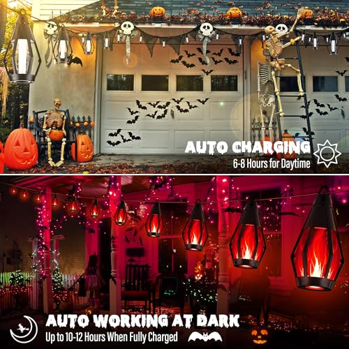 iBaycon Solar Halloween Lights, 27Ft 10 LED Bulbs Flickering Flame String Light, Outdoor Waterproof Solar Flame Lights for Garden Yard Patio Halloween Decorations (Red) - color: Red, size: 27FT