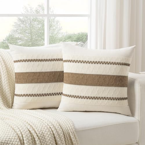 Fancy Homi Set of 2 Boho Light Brown Decorative Throw Pillow Cover 16x16 Inch for Couch Bed Sofa, Aesthetic Modern Organic Farmhouse Home Decor, Soft Cotton Cute Accent Macrame Woven Cushion Case - color: Light Brown, size: 16" x 16" (Pack of 2)
