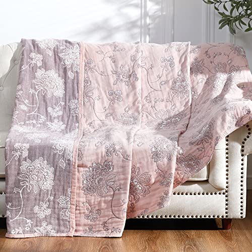 jinchan Boho 100% Cotton Muslin Twin Size 60x80 Inches Blanket Lightweight 4-Layer Quilted Soft Pink Red Floral Throw Blanket Reversible Comfy Flower Breathable All Seasons Couch Bedroom Decor - color: Floral Pink Red, size: 60"x80"