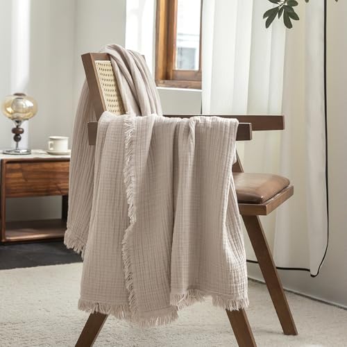 FOSSA Muslin Blanket with Fringe - 4-Layer 100% Cotton Gauze Super Soft & Breathable Throw -Lightweight Decorative Cooling Blanket for Bed, Sofa, Office (Beige Gray, King (104" × 90")) - color: Beige Gray, size: King (104" × 90")