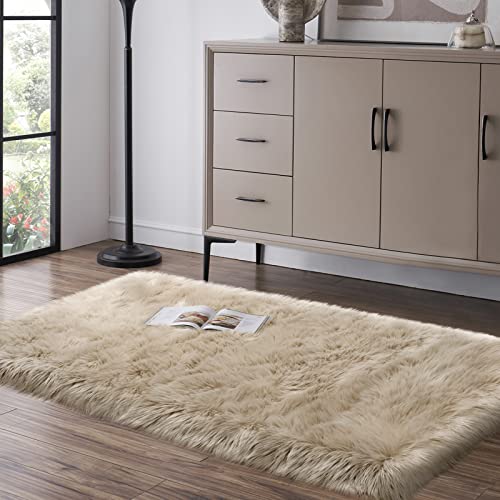 Faux Fur Rug, Beige Small Fluffy Rug for Sofa Chair Couch Cover 2x4 Feet, Ultra Soft Fuzzy Shag Rug for Bedroom, Indoor Shaggy Plush Floor Carpets Luxury Home Decor for Bedside - color: Beige, size: 4' x 2' (Rectangular)