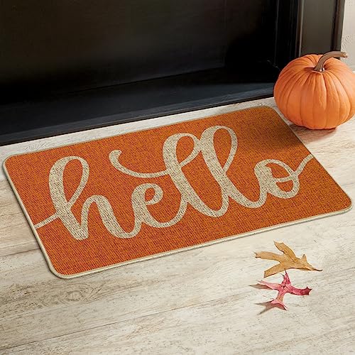 Artoid Mode Orange Hello Fall Doormat, Autumn Home Decor Low-Profile Switch Rug Door Mat Floor Mat for Indoor Outdoor 17x29 Inch - color: Orange, size: 17" x 29"