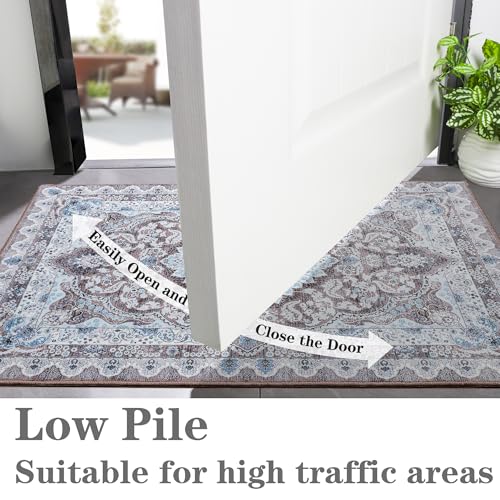 Foxmas Small Rugs for Entryway 2x3 Feet, Non-Slip Doormat Indoor Entrance Vintage Washable Area Rug, Low Pile Throw Rugs for Entryway Bedroom Kitchen Living Room, Brown - color: Brown/Blue, size: 2' X 3' (Rectangular)