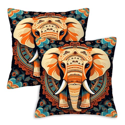 Firmiso Mandala Elephant Throw Pillow Covers 18x18 Set of 2 | Decorative Cushion Covers for Sofa Couch Bed | Boho Tribal Inspired Home Decor Pillow Cases | Orange Teal Accent - color: Boho Elephant