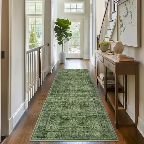2x8 Runner Rug Green Vintage Washable Runner Rugs for Hallway Kitchen Low Pile Non-Slip Retro Distressed Accent Throw Carpet for Entryway Bathroom Bedroom Green - color: Green, size: 2'*8'(Runner)