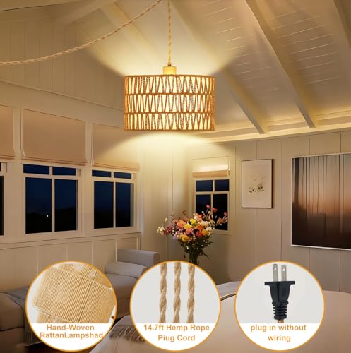 Dimmable Boho Hanging Lights with Plug in Cord 14.7ft，2 in 1 Shade Plug in Pendant Light Rattan Hanging Lamp with E26 Bulb, Long Lasting Wicker Plug in Pendant lamp Fixture for Living Bedroom - size: 2 tier HL-10