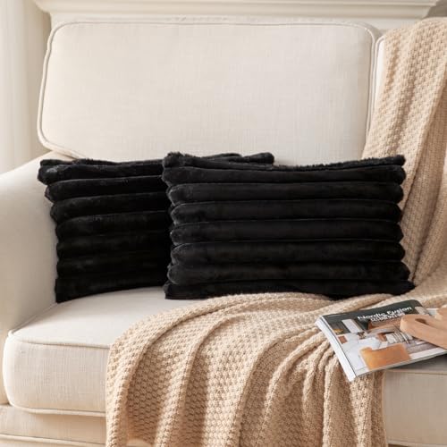 DEELAND Pack of 2,Double-Sided Faux Fur Plush Decorative Throw Pillow Covers Fuzzy Striped Soft Pillowcase Cushion Covers for Sofa Couch Bedroom Black 12x20 inch - color: Black, size: 20" x 12" (Pack of 2)