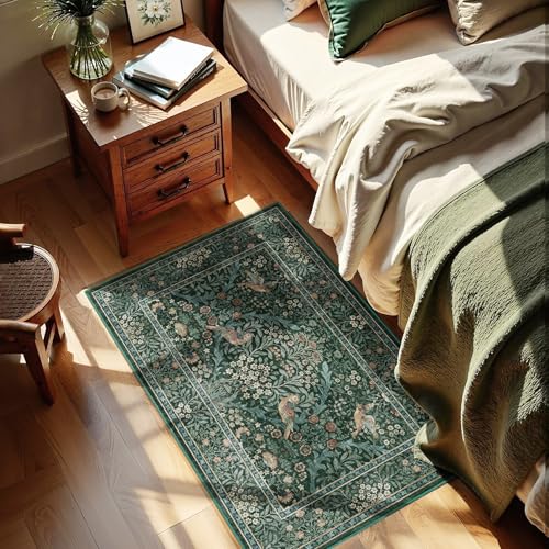 2x3 Floral Washable Area Rug for Entryway, Vintage Boho Rugs for Living Room Bedroom Dining Room, Botanical Birds Non Slip Low Pile Forest Animal Throw Carpet for Farmhouse Office, Retro Green/Blue - color: Dark Green (Larger Pattern), size: 2' x 3' (Rect