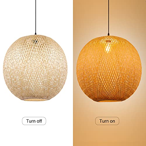 Arturesthome Bamboo Pendant Lighting Fixtures, Round Wicker Chandelier Hand-Woven Boho Basket Lampshade Hanging Ceiling Light for Kitchen Island Living Room - size: 21.6″W x 19.3″H