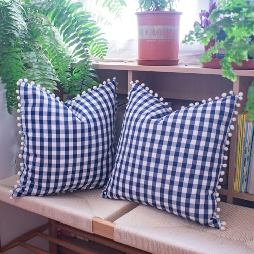 HOPLEE Farmhouse Gingham Pillow Covers Navy Blue Pillow Covers 18x18 Farmhouse Gingham Pillows Covers with Pom Pom for Home Decor 18x18 Inches Set of 2 - color: Navy Gingham Pom, size: 18" x 18" (Pack of 2)
