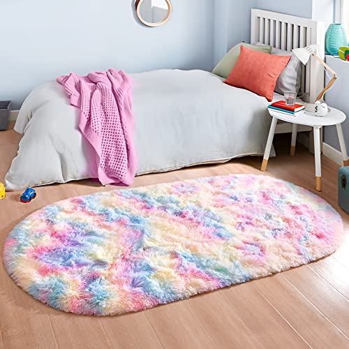 junovo Ultra Soft Washable Shaggy Rug - Non-Slip Oval Carpet for Nursery, Kids Bedroom & Home Decor (2x5ft Tie-Dye Rainbow) | Plush Fluffy Floor Mat for Cozy Living Spaces - color: Tie-dye Rainbow, size: 2' x 5'