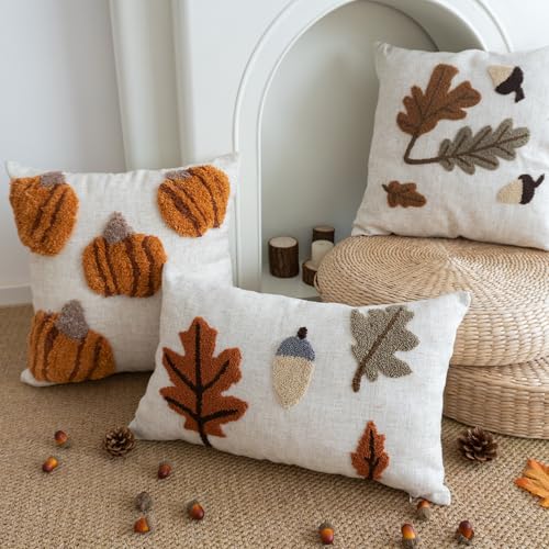 Fall Tufted Pumpkin Pillow Cover, Fluffy Autumn Harvest Throw Pillow Sham, Orange Burlap Decorative Pillowcase for Farmhouse Halloween Thanksgiving Home Decor, Square 18 inches, 1PCS