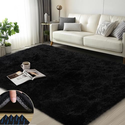 Mugorn Black Rugs for Bedroom, 3x5 Feet Fluffy Area Rugs for Living Room, Soft Shag Kids Rug Small Carpet for Nursery, Bedside, Indoor, Dorm Decor (3ft x 5ft, Black) - color: Black, size: 3ft X 5ft