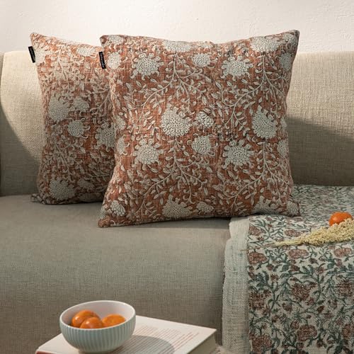 Handblock Printed Vintage Indian Cotton Decorative Throw Pillow Covers, Set of 2 (Brick Brown, 18" x 18" (Pack of 2)) - color: Brick Brown, size: 18" x 18" (Pack of 2)