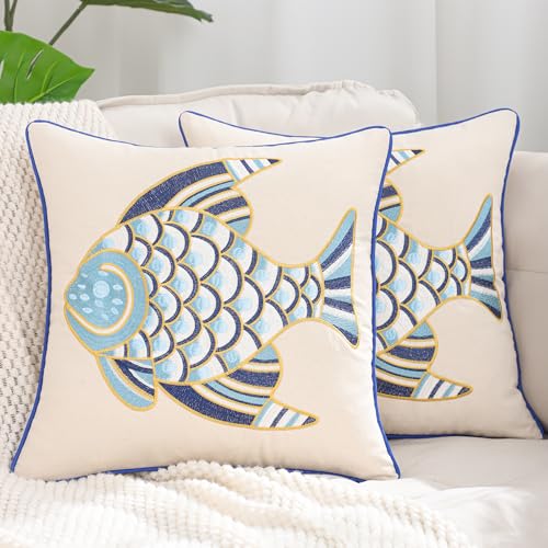 LUOYEHK Embroidered Pillow Covers 18x18 Set of 2 Summer Coastal Blue Fish Decorative Pillow Cases Ocean Themed Canvas Cushion Covers for Couch Sofa Bed Living Room - color: Blue Fish
