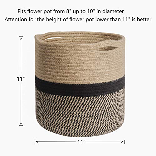 TIMEYARD Sturdy Jute Rope Plant Basket Modern Woven Baskets for 10" Flower Pot Floor Indoor Planters, 11” x 11” Storage Organizer Basket Rustic Home Decor, Black and Beige Stripes - color: Black and Jute, size: 11" x 11"
