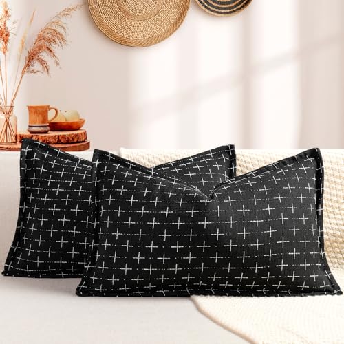 ZWJD 12x20 Pillow Covers Set of 2 Soft Polyester Textured Pillow Covers with Stylish Flange Edge Cozy Farmhouse Throw Pillows for Couch Bed Sofa Living Room - color: Black, size: 20" x 12" (Pack of 2)