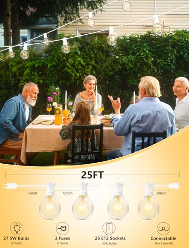 SUNSGNE 25FT Globe String Lights, G40 White Outdoor String Lights with 27 Clear Edison Bulbs(2 Spare) for Patio Balcony Decoration - White Wire - color: Clear-White, size: 25 Ft