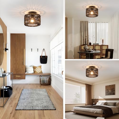 Rpzloila Rattan Ceiling Light, 1 Light Farmhouse Woven Flush Mount Ceiling Light, Boho Light Fixture for Bedroom Living Room Hallway Entryway, Black Finish - color: Black, size: 1-Light-Round