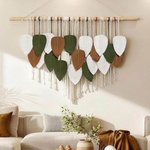 NYEONHRT Large Macrame Wall Hanging Handmade Boho Leaf and Feather Tapestry for Modern Home Decor Perfect Wall Art for Living Room Bedroom Nursery Apartment Backdrop 39x31 Inch (Brown green) - color: Brown green 39*31in