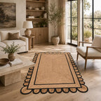 Braided Scalloped Jute Rug Natural with Black Trim, Handmade Farmhouse Boho Area Rug for Entryway, Kitchen, Hallway, Living Room, Bedroom, Rustic Woven Floor Rug - (Black- 6X9 ft) - size: 6' x 9' (Rectangular)
