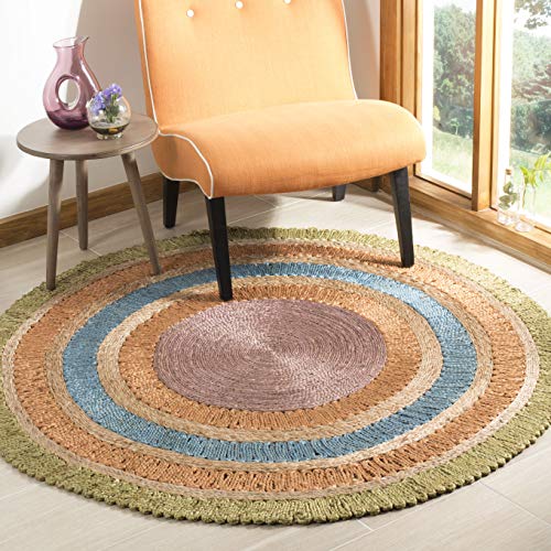 SAFAVIEH Natural Fiber Round Collection 5' Round Green/Multi NF201D Handmade Boho Charm Farmhouse Jute Area Rug - color: Green/Multi, size: 5' (Round)