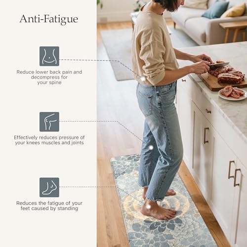 GENIMO Kitchen Mats for Floor, Kitchen Rugs Non Slip Washable Sets of 2, Waterproof Cushioned Anti Fatigue Mat, Floral Runner Rug for Laundry, Sink, Office, Home, 17.3"x59"+17.3"x30", LightBlue - color: Light Blue, size: 17.3"x59"+17.3"x30"