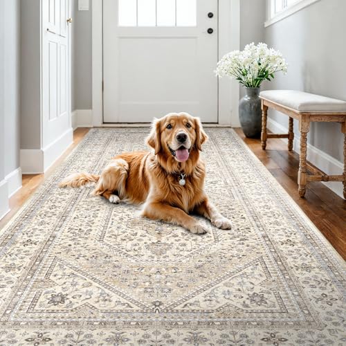 4x8 Runner Rug for Hallway Washable: Non Slip Kitchen Rugs with Rubber Backing Soft Waterproof Wide Mats Stain Resistant Low Pile Carpet for Entryway Bedroom Bathroom Laundry Home Decor Beige/Gray - color: Beige/Gray, size: 4' x 8' (Rectangular)