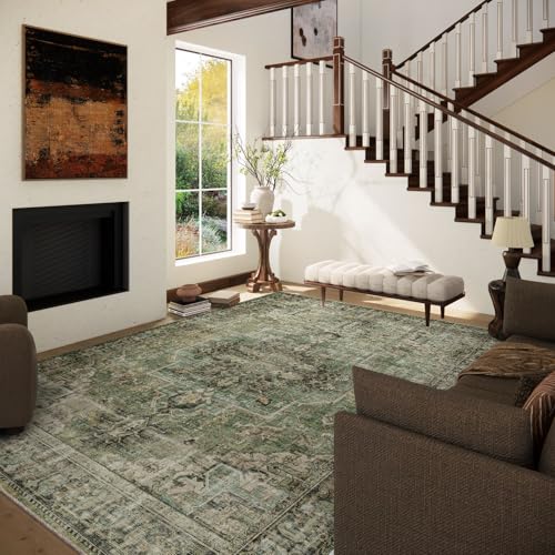 9x12 Area Rugs for Living Room: Washable Bedroom Rug Boho Vintage Rugs Stain Resistant Non Slip Low Pile Soft Lightweight Carpet for Kitchen Dining Room Farmhouse Nursery Kids Room - color: Black and Green, size: 9' x 12' (Rectangular)