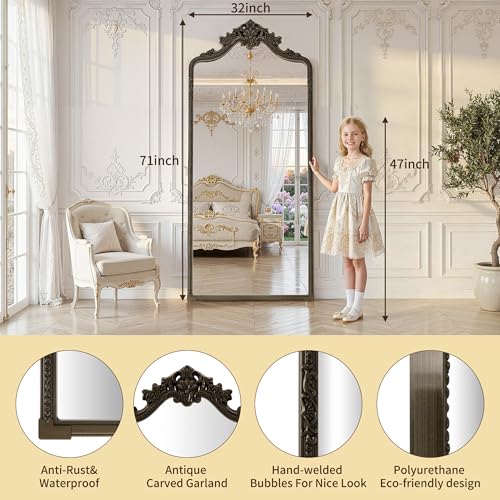 71"x32" Bronze Arched Full Length Mirror with Stand, Full Body Mirrors for Leaning or Hanging, Traditional Ornate Vintage Floor Mirror,Baroque Antique Long Mirrors for Wall,Decor, Living Room, Bedroom - color: Vintage Copper