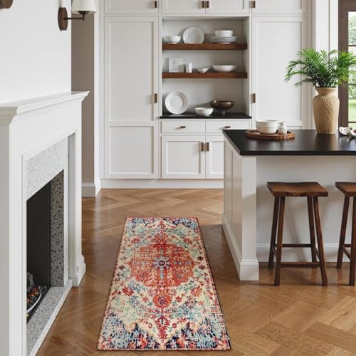Lahome Bohemian Floral Medallion Runner Rug - 2x4 Washable Laundry Room Hallyway Runner Rug Doormat,Oriental Distressed Faux Wool Non-Slip Bath Mat Low-Pile Carpet for Kitchen Bathroom Entryway,Orange - color: Orange/Multi, size: 2' x 4' (Runner)