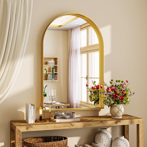26" x 38" Luxury Arched Bathroom Mirror - Arch Wall Mirror with Shatterproof Tempered Glass and Metal Deep Frame, Hanging or Leaning for Living Room, Dresser, Entrance and Hallway, Gold - color: Gold, size: 38"L x 26"W