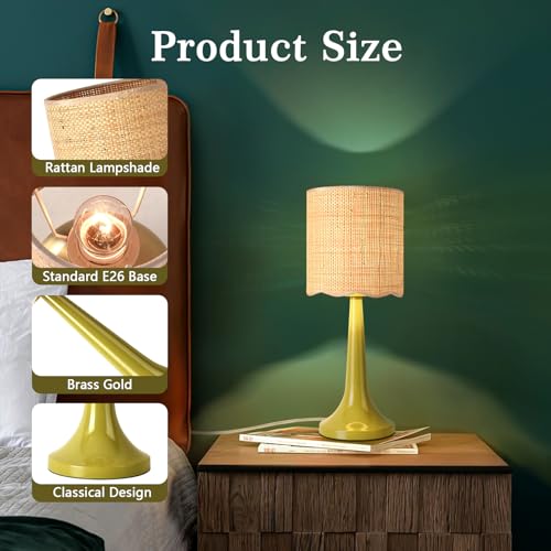 Green Rattan Small Table Lamp for Bedroom, Green Bedroom Lamps for Bedside Nightstand, Small Rattan Shade Table Shape Lamps for Small Spaces for Kitchen Counter, Home Office, Living Room, Kids Dorm - color: Green