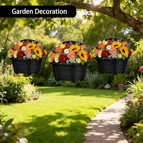 summer flower 3 Pack Hanging Planters for Railing, 9.84 Inch Plastic Window Box with Drain Hole Plug, Indoor Outdoor Flower Pots for Balcony Fence Garden Decor (Black) - color: Black