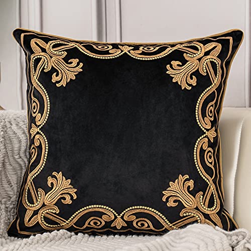 Aeckself European Floral Pillow Cover 20x20 Inch, Luxury Velvet Embroidered Decorative Throw Pillow Cover for Couch Bedroom Living Room, Black and Gold - color: Black Gold, size: 20" x 20" (Pack of 1)