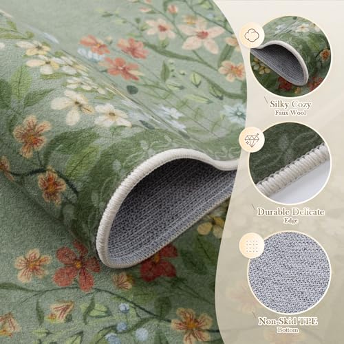 Wonnitar 2x3 Washable Area Rug, Green Floral Entryway Rug, Boho Small Non Slip Rug for Bathroom, Soft Kitchen Accent Carpet, Ultra Thin Bedside Laundry Decor (2x3 Green) - color: Green, size: 2' x 3' (Rectangular)