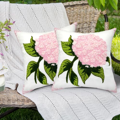 Alysheer Spring Hydrangea Embroidered Decorative Throw Pillow Covers 18"x 18" Set of 2, Summer Floral Tufted Patterned Light Pink Cotton Cushion Cases for Couch Bed Living Room Decor - color: Hydrangea Pink, size: 18" x 18" (Pack of 2)