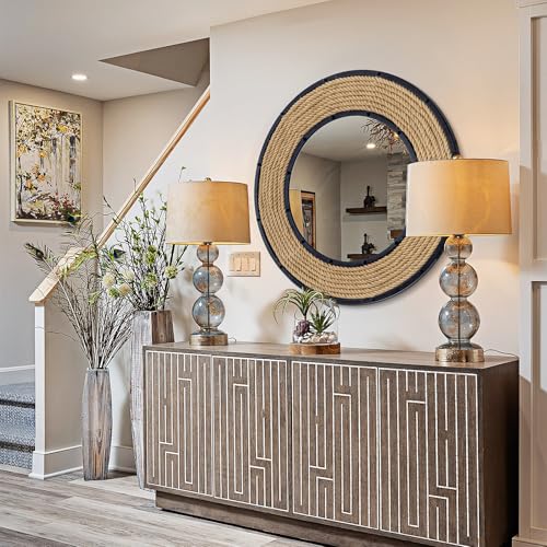 30'' Nautical Round Mirror, Black | Rattan & Metal Frame, Ship Rudder Design, Boho Coastal Wall Decor, , For Bathroom, Living Room, Dining Room, Entryway
