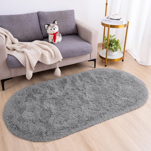 Goideal Fluffy Bedroom Rug, Small Oval Area Rugs, Gray Shag Bedside Carpet for Kids Room Nursery Dorm Cute Fuzzy Indoor Decor for Boy and Girl, 2.6 x 5.3 Feet - color: Grey