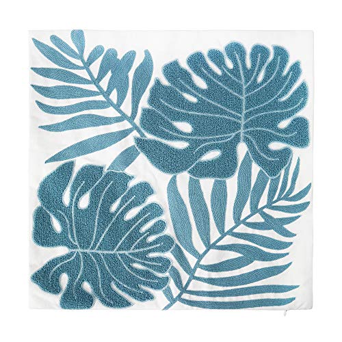 Embroidery Throw Pillow Cover 18x18 Light Blue Tropical Leaf Home Décor Turquoise Cushion Cover for Couch 45x45 100% Cotton Floor Pillowcase Teal Plant Monstera Leaf Loop, 1 Piece - color: Light Blue Monstera Leaves