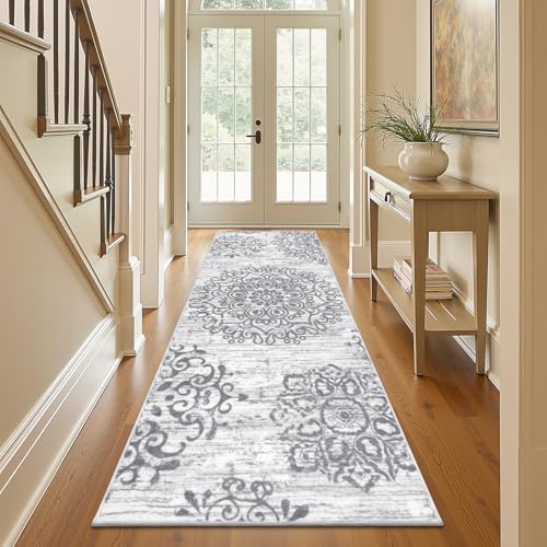 HEBE Hallway Runner Rug 3'x8' Washable Vintage Distressed Area Rugs Non Slip Laundry Rug Runner Boho Floor Carpet Runners for Hallways Entryway Laundry Room Kitchen Bathroom - color: Grey, size: 3' x 8' (Rectangular)