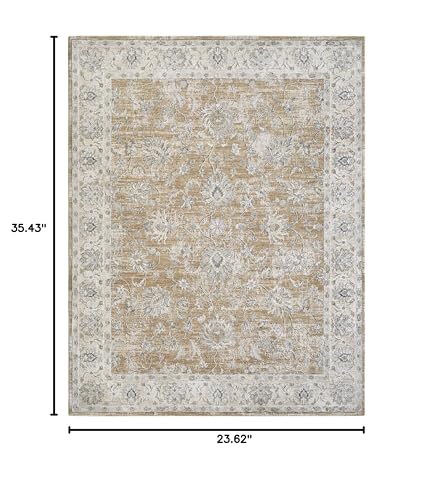 Hauteloom Borah Area Rug - Floral Border Medallion Damask Distressed - Traditional Oriental Transitional Oushak Farmhouse - Light Brown, Cream, Medium Brown, Tan, Gray - 2' x 2'11" - color: Light Brown, Cream, Medium Brown / Kerem, size: 1'11" x 2'11" (Re
