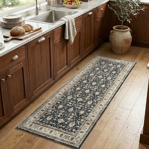 jinchan 2x6 Washable Vintage Runner Rug, Distressed Traditional Floral Kitchen Runner, Soft Low-Pile Non-Slip Floor Mat High-Traffic Aisle Hallway Rug for Entryway Laundry Room Bathroom, Black - color: Oriental Taupe on Black, size: 2' x 6' (Runner)