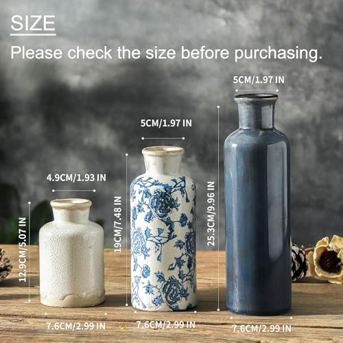 ooit Ceramic Vintage Vases Set of 3, Blue and White Flower Decorative Vase Chinoiserie Decor Rustic Farmhouse Retro Floral Vases for Table Bookshelf Mantel Kitchen Living Room Office - color: 007 Vintage - Blue