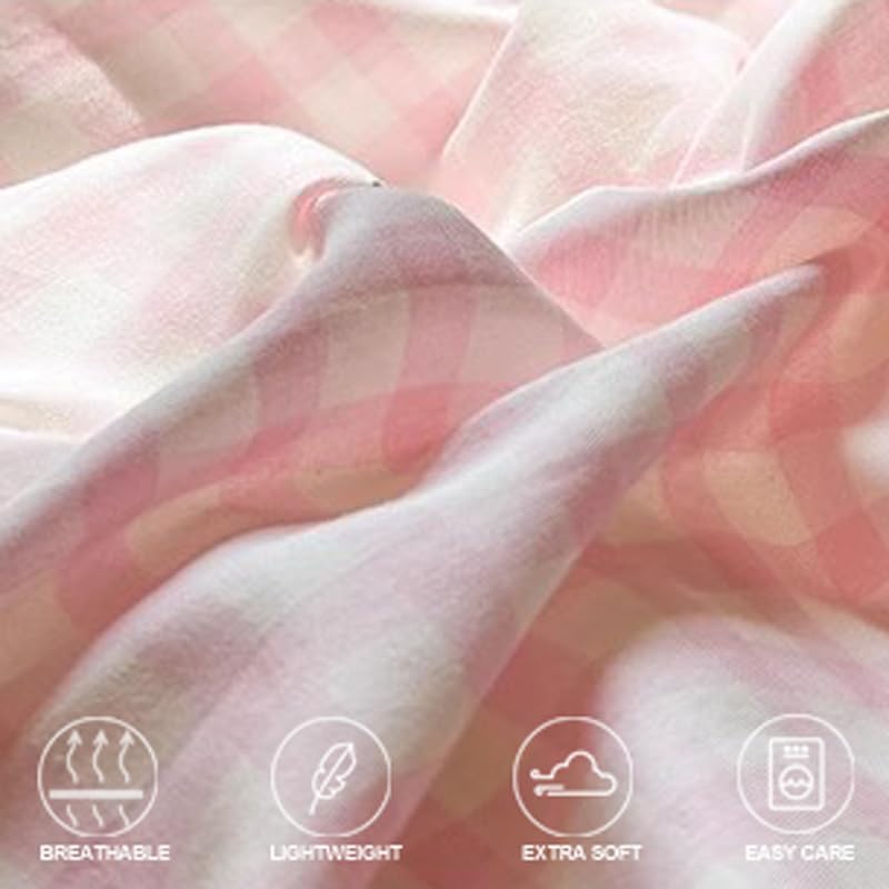 Nanko Pink Gingham Duvet Cover Full Size, 3 pcs Plaid Checked Grid Heart Pattern Printed Microfiber Bedding Comforter Cover Set, All Season Soft Geometric Quilt Cover for Girl 80x90 inch - color: Cover(no Comforter)-pink Plaid, size: Full
